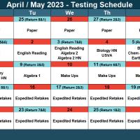 April / May 2023 - Testing Schedule. April 24 - May 1: Paper. May 2: English Reading. May 3: English Reading, Algebra 2, Algebra 2 Honors. May 4: Biology HN, USVA History. May 5: Biology, Chemistry, Chemistry HN, Earth Science. May 8: Geometry, Geometry HN. May 9: Algebra 1. May 10 - 12: Make-Ups. May 15 - May 26: Expedited Retakes.